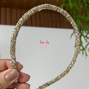 Tiara de tubo de strass dourado e prata